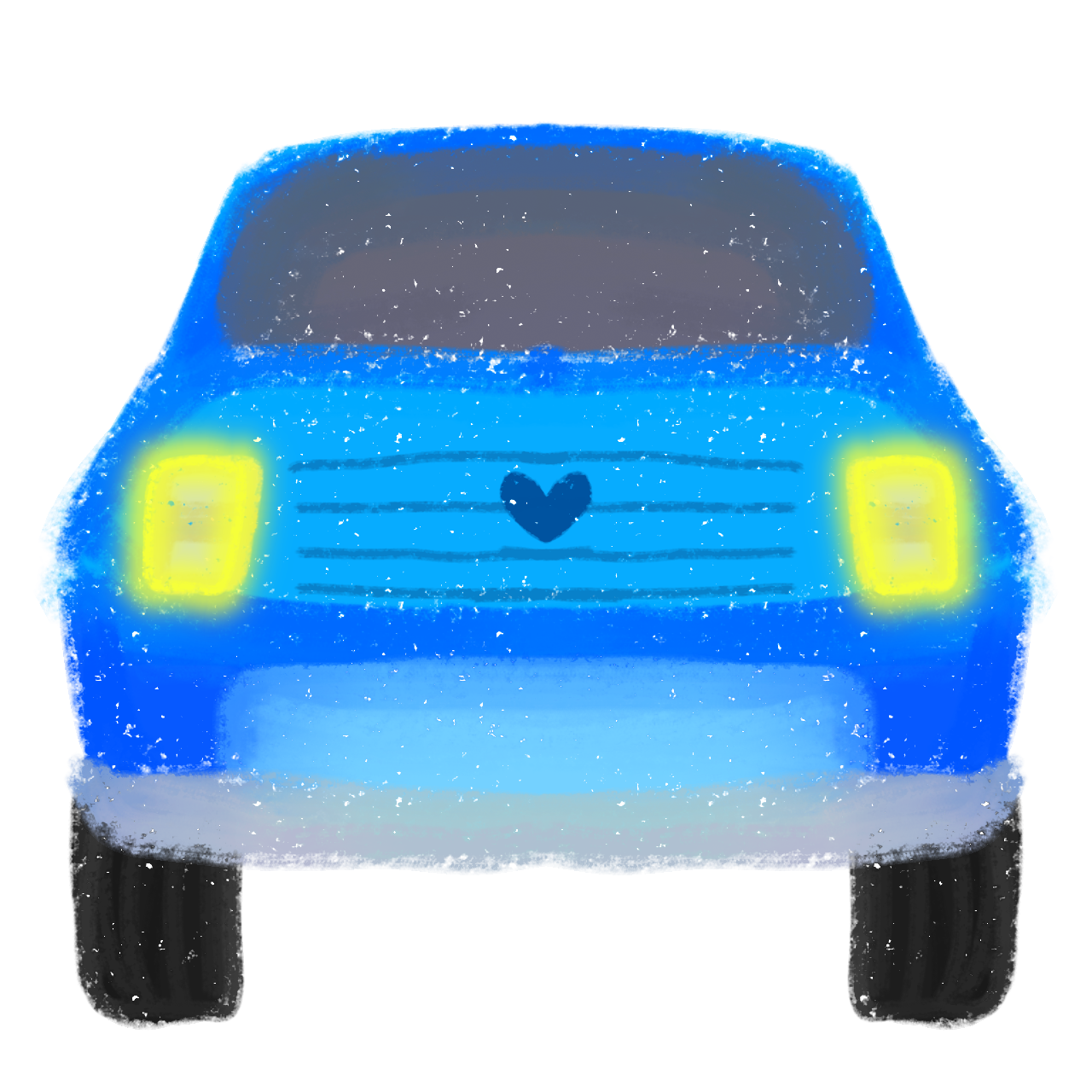  a stylized front view of a blue car. The car has two bright yellow headlights, one on each side, glowing to emphasize the light . In the center of the grille area is a small heart symbol.